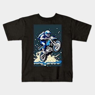 Dirt bike wheelie - pixel art style blue and tan Kids T-Shirt